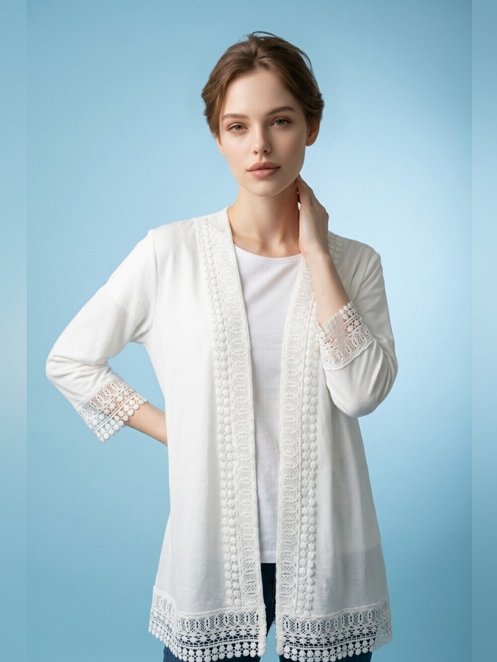 Rafaella Cream Open-Front Lightweight Cardigan Sweater Lace Trim Detail